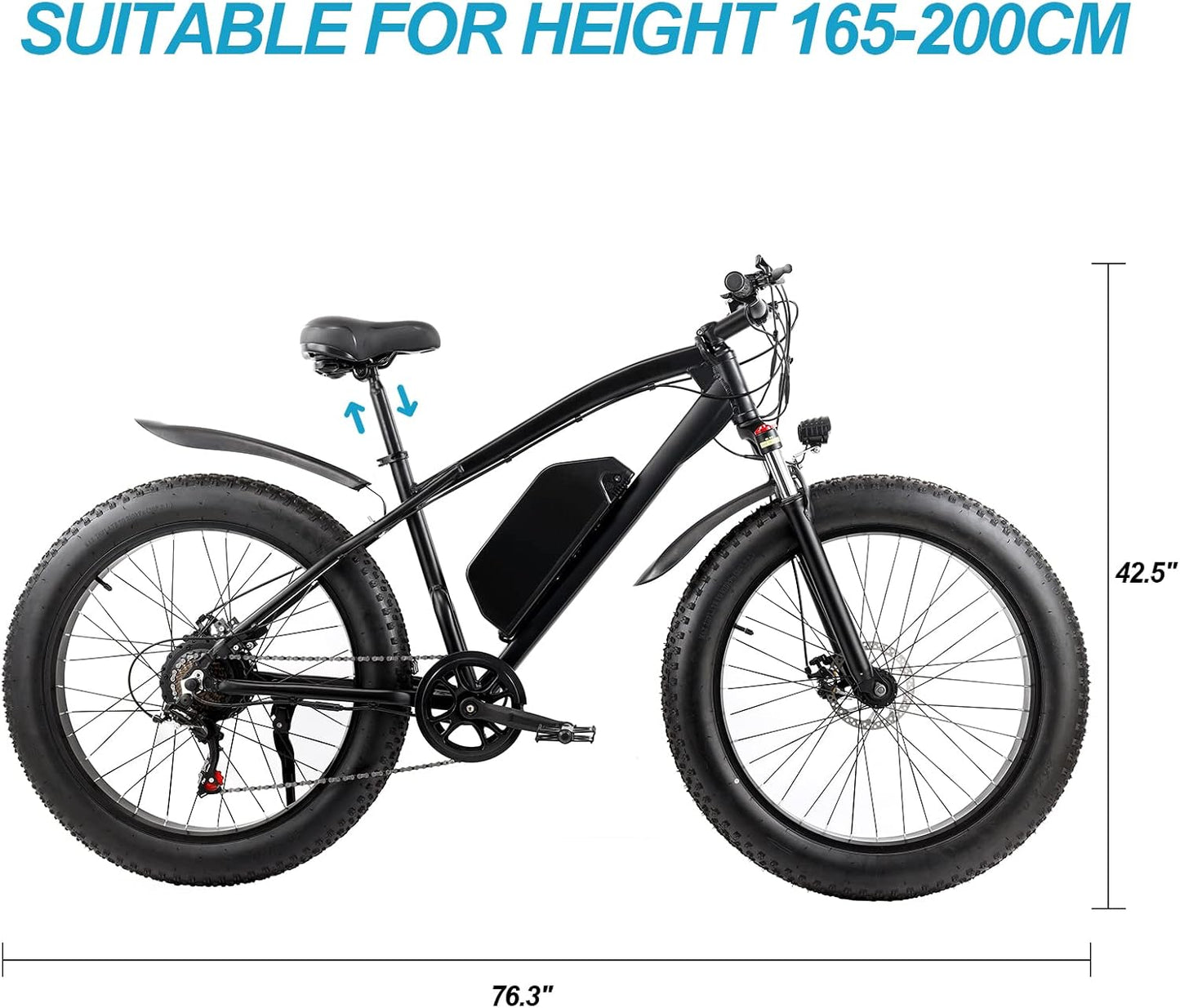 Matte black electric fat tire mountain bike side profile

Rider using e-bike on snowy terrain

Close-up of 350W rear hub motor

Heavy-duty disc brakes on fat tire

Fat tire grip on sand and off-road trails