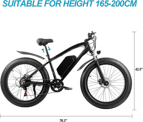 Matte black electric fat tire mountain bike side profile

Rider using e-bike on snowy terrain

Close-up of 350W rear hub motor

Heavy-duty disc brakes on fat tire

Fat tire grip on sand and off-road trails