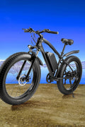 Matte black electric fat tire mountain bike side profile

Rider using e-bike on snowy terrain

Close-up of 350W rear hub motor

Heavy-duty disc brakes on fat tire

Fat tire grip on sand and off-road trails