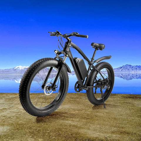 Matte black electric fat tire mountain bike side profile

Rider using e-bike on snowy terrain

Close-up of 350W rear hub motor

Heavy-duty disc brakes on fat tire

Fat tire grip on sand and off-road trails