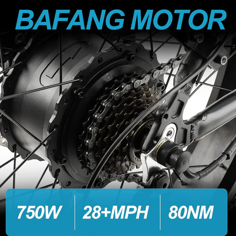 Matte black electric fat tire mountain bike side profile

Rider using e-bike on snowy terrain

Close-up of 350W rear hub motor

Heavy-duty disc brakes on fat tire

Fat tire grip on sand and off-road trails