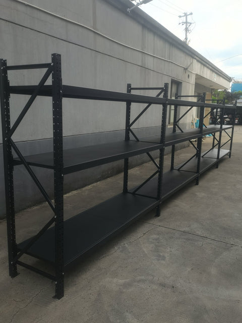 26.5FT Industrial Racking – Heavy - Duty 3 & 4 Tier Black Metal Rack Storage Shelving - with 26.5 ft L × 30 in W × 6.5 ft H 4 Layers All Black | Sold by Uncle Wiener's Wholesale