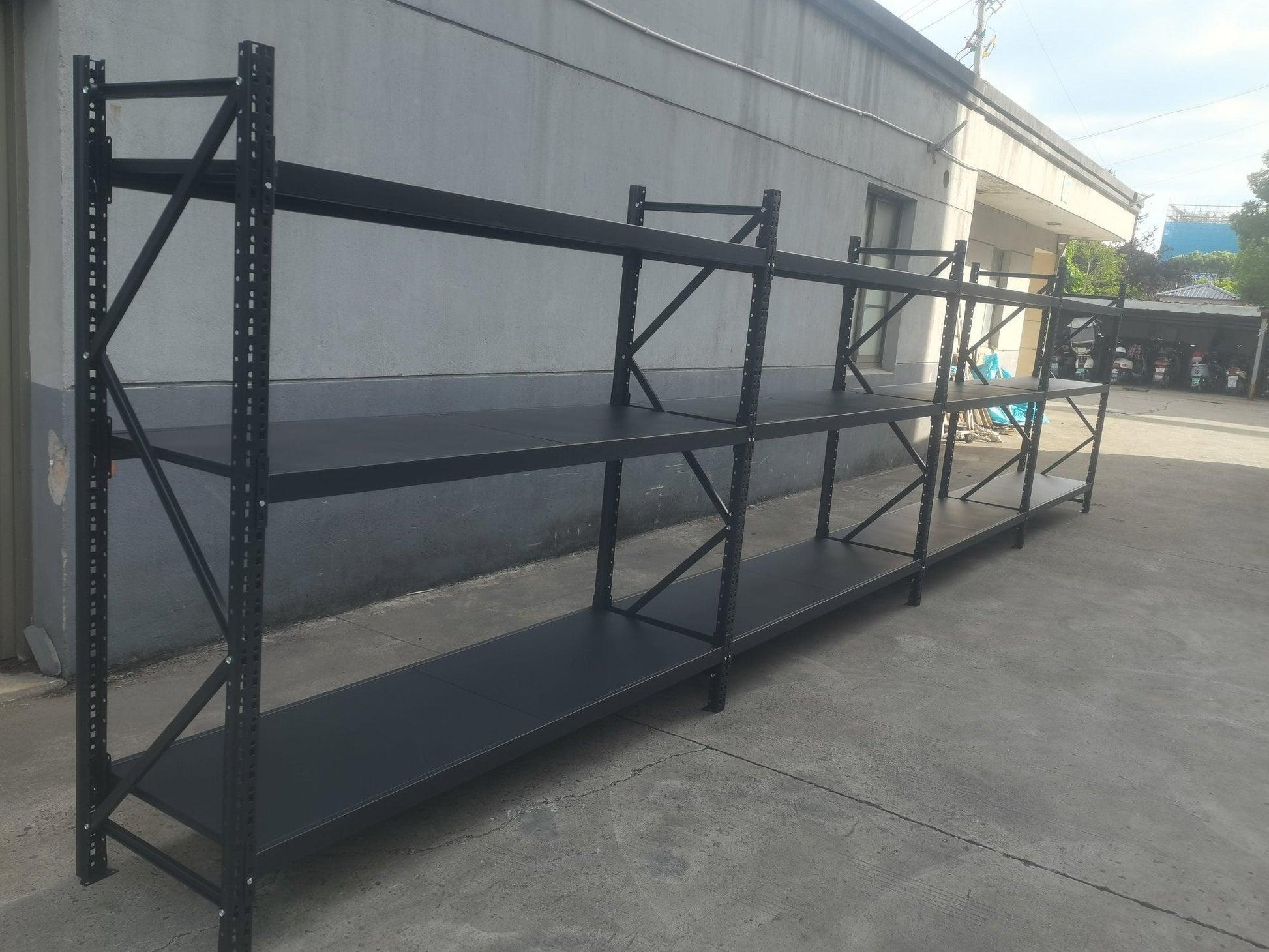 26.5FT Industrial Racking – Heavy - Duty 3 & 4 Tier Black Metal Rack Storage Shelving - with 26.5 ft L × 30 in W × 6.5 ft H 4 Layers All Black | Sold by Uncle Wiener's Wholesale