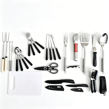 27-Piece Outdoor Tableware & Cooking Utensil Set Portable Camping BBQ Kit W0927 - with | Sold by Uncle Wiener's Wholesale