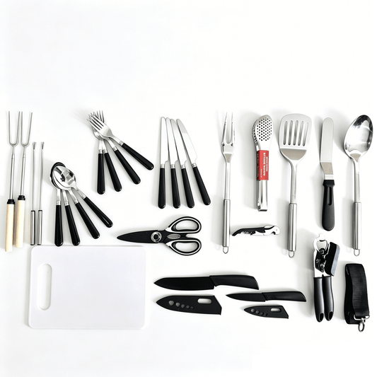 27-Piece Outdoor Tableware &amp; Cooking Utensil Set Portable Camping BBQ Kit W0927 - with | Sold by Uncle Wiener's Wholesale