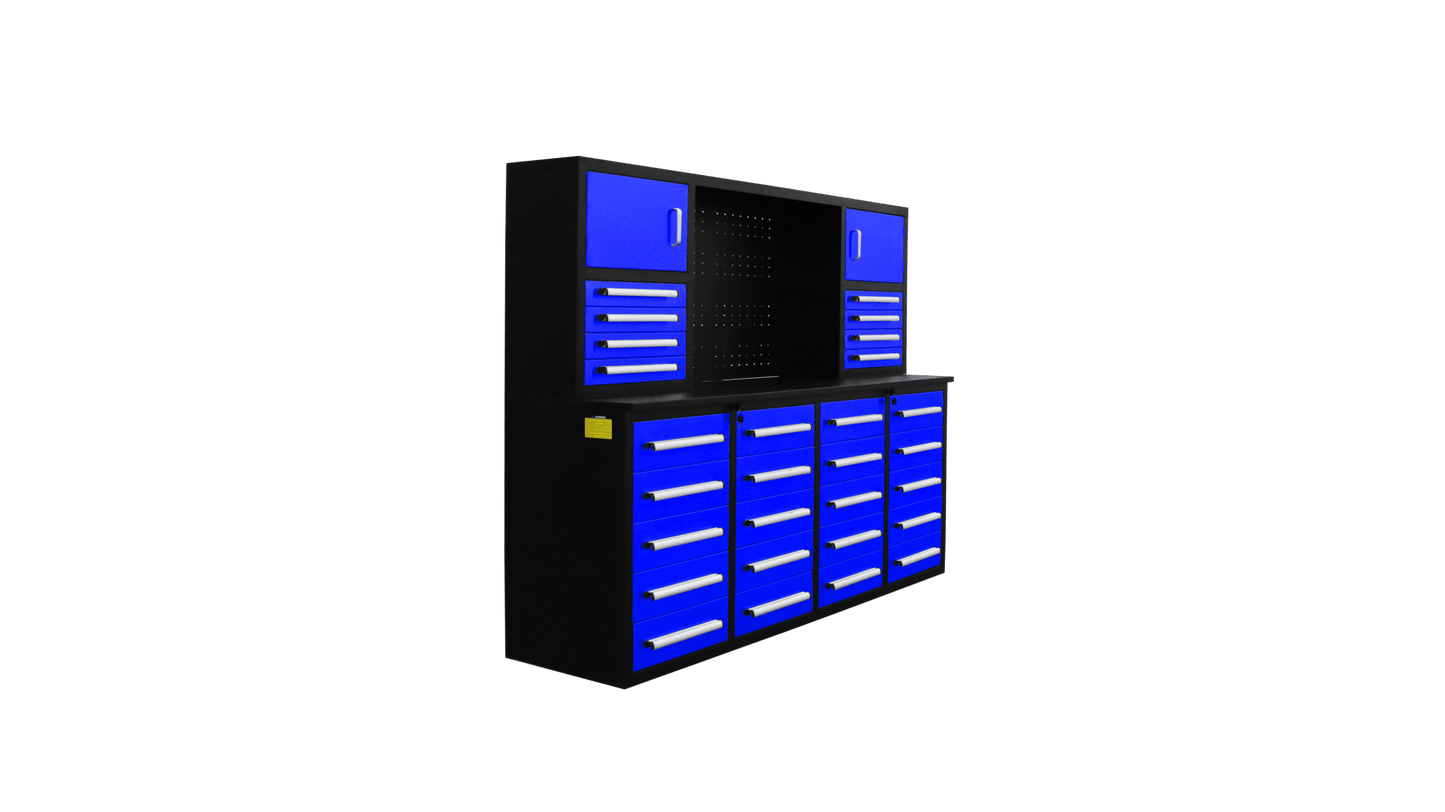 28 - Drawer Heavy Duty Tool Box Workbench 7FT – Locking Drawers, Stainless Steel & Painted Finishes Red, Blue, Black, Stainless - with Blue | Sold by Uncle Wiener's Wholesale