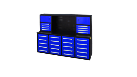 28 - Drawer Heavy Duty Tool Box Workbench 7FT – Locking Drawers, Stainless Steel & Painted Finishes Red, Blue, Black, Stainless - with Blue | Sold by Uncle Wiener's Wholesale