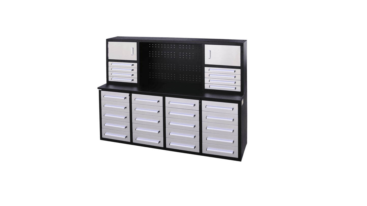 28 - Drawer Heavy Duty Tool Box Workbench 7FT – Locking Drawers, Stainless Steel & Painted Finishes Red, Blue, Black, Stainless - with Blue | Sold by Uncle Wiener's Wholesale