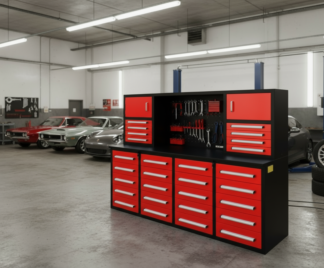 28 - Drawer Heavy Duty Tool Box Workbench 7FT – Locking Drawers, Stainless Steel & Painted Finishes Red, Blue, Black, Stainless - with Red | Sold by Uncle Wiener's Wholesale