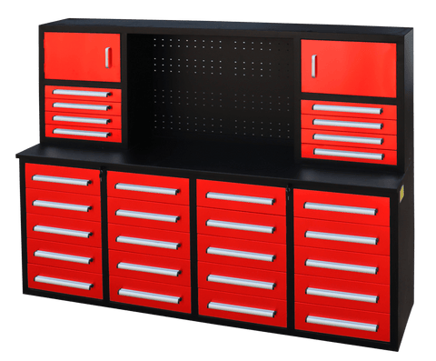 28 - Drawer Heavy Duty Tool Box Workbench 7FT – Locking Drawers, Stainless Steel & Painted Finishes Red, Blue, Black, Stainless - with Red | Sold by Uncle Wiener's Wholesale
