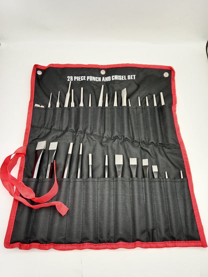 28-Piece Punch & Chisel Set Heavy Duty Steel Complete Kit with Roll-Up Case T0938 - with | Sold by Uncle Wiener's Wholesale