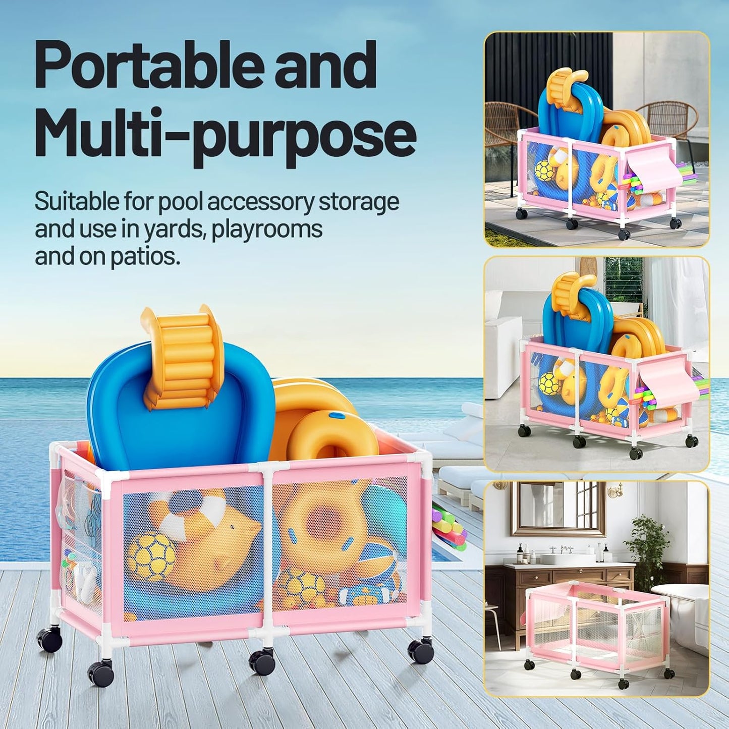 280 - Gallon Extra Large Pool Storage Bin – 69" Rolling Mesh Organizer (Pink) - with | Sold by Uncle Wiener's Wholesale