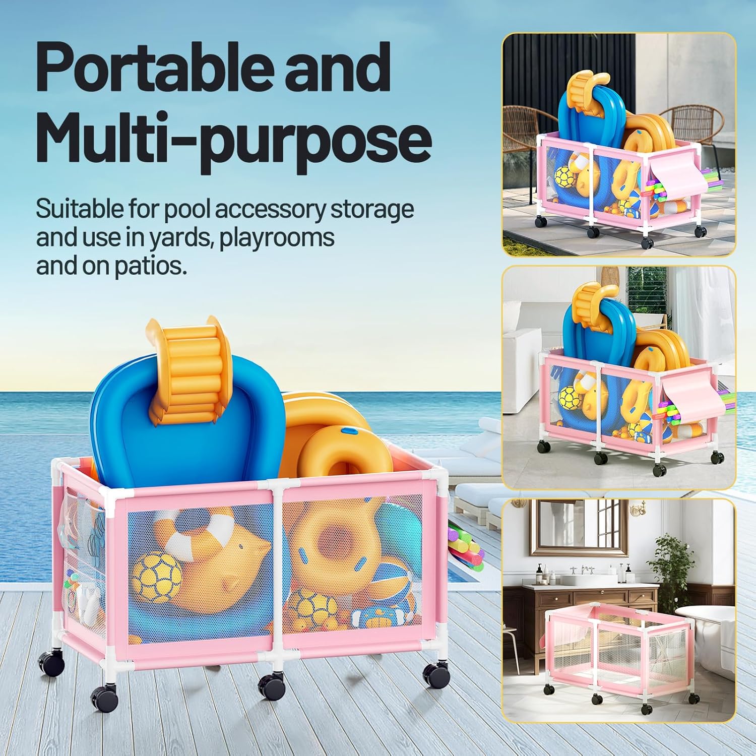 280 - Gallon Extra Large Pool Storage Bin – 69" Rolling Mesh Organizer (Pink) - with | Sold by Uncle Wiener's Wholesale