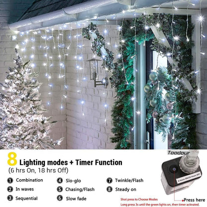 29.5 ft (360 LED) RGB & Bright White Icicle Curtain Lights Outdoor with 8 Modes & 60 Drops - with RGB Color | Sold by Uncle Wiener's Wholesale