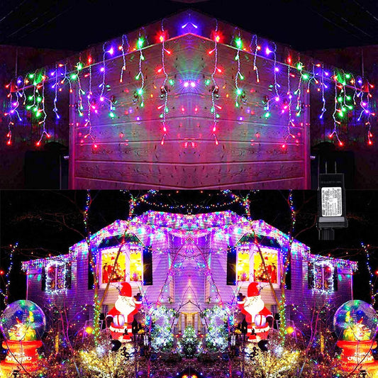29.5 ft (360 LED) RGB & Bright White Icicle Curtain Lights Outdoor with 8 Modes & 60 Drops - with RGB Color | Sold by Uncle Wiener's Wholesale