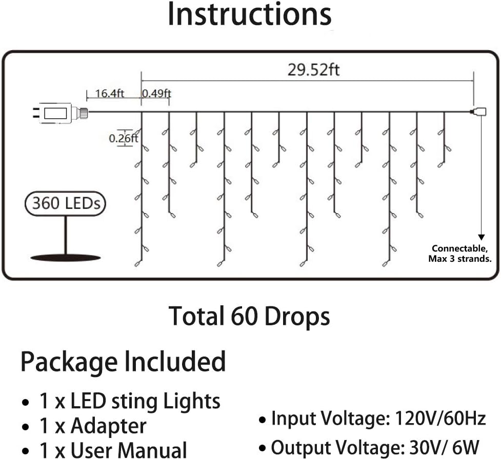 29.5 ft (360 LED) RGB & Bright White Icicle Curtain Lights Outdoor with 8 Modes & 60 Drops - with RGB Color | Sold by Uncle Wiener's Wholesale