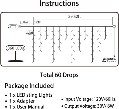 29.5 ft (360 LED) RGB & Bright White Icicle Curtain Lights Outdoor with 8 Modes & 60 Drops - with RGB Color | Sold by Uncle Wiener's Wholesale