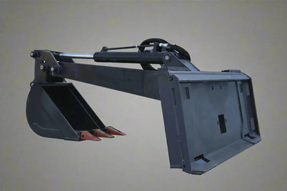 Skid steer backhoe digging bucket with fixed arm and cast teeth

Second Image: Side angle of heavy-duty fixed arm digging bucket

Third Image: Skid steer bucket attached to loader arm in operating position