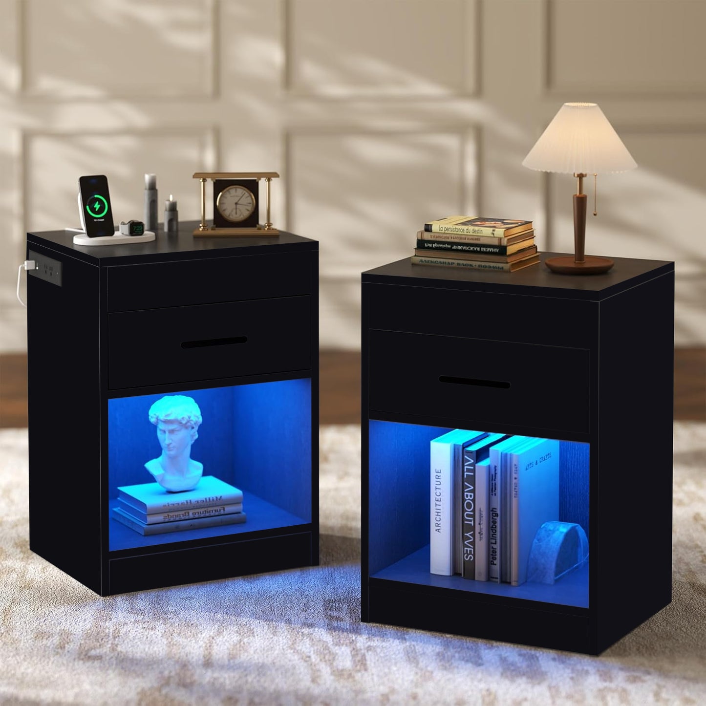 Smart Night Stand Bedside Table with Charging Station LED Lights and Lock White / Black BT034W