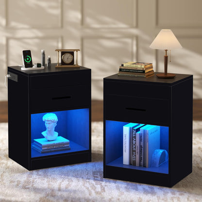 Smart Night Stand Bedside Table with Charging Station LED Lights and Lock White / Black BT034W