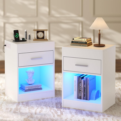 Smart Night Stand Bedside Table with Charging Station LED Lights and Lock White / Black BT034W