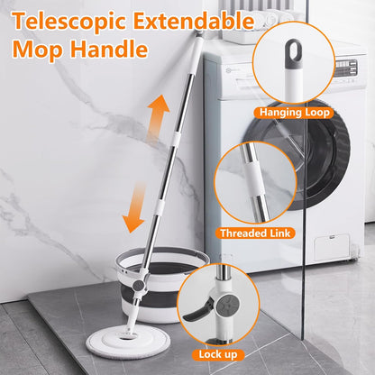 Folding Bucket Mop with 2 Microfiber Pads, Collapsible Pail &amp; Compact Floor Cleaning Mop Set S1365