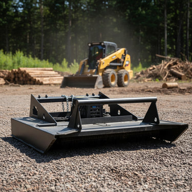 72 inch skid steer brush mower angled view

Underside of heavy-duty cutting blades

66 inch mower installed on skid steer

Skid steer clearing brush and saplings

Blade set and replacement part display