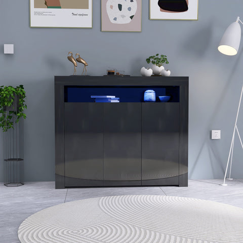 Black LED gloss sideboard in living room with lights on
White gloss LED storage cabinet with soft glow
Close-up of cabinet doors with glossy finish
Side angle showing multicolor LED lighting
Living room setup with LED sideboard beneath TV
White version styled in modern kitchen