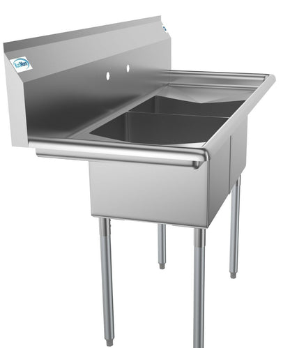2 Compartment NSF Stainless Steel Prep Sink with Drainboard – 14" x 16" Bowls – Commercial Kitchen Sink 2C14161