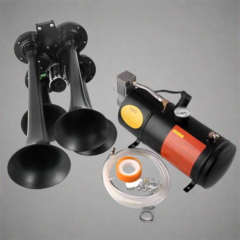 4-Trumpet Train Horn Kit with 12V Compressor

Loud Air Horn Set for Trucks and Buses

Compressor Included with Train Horn

Metal Air Horn with Chrome Finish

Air Horn Kit Packaging and Parts Overview