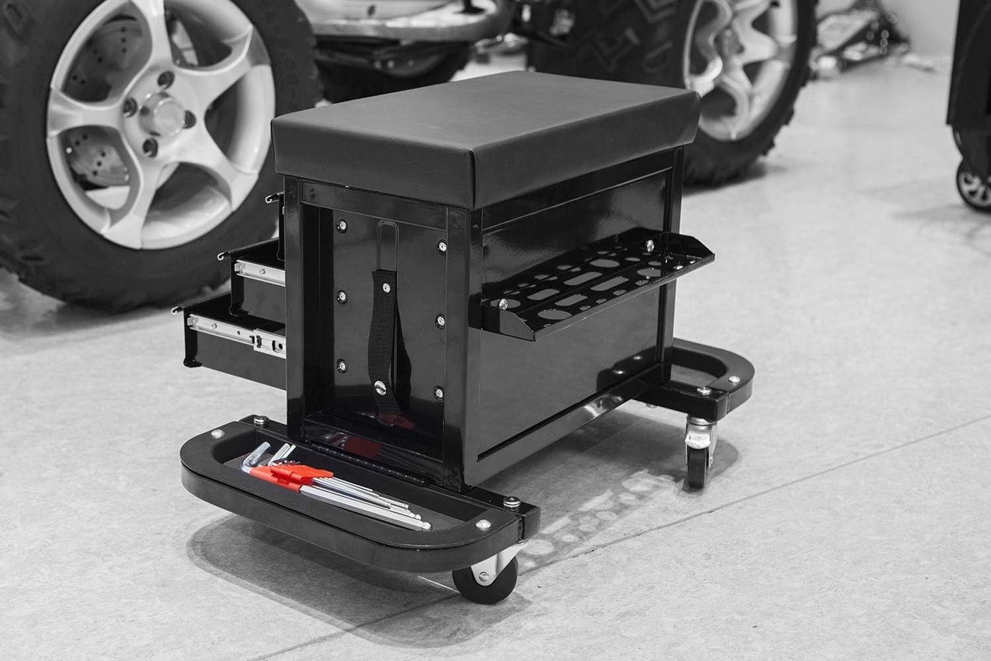 3 - Drawer Rolling Mechanics Seat with Tool Chest, Side Trays & Padded Cushion – 180KG Capacity Model MUSTB - with | Sold by Uncle Wiener's Wholesale