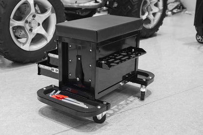 3 - Drawer Rolling Mechanics Seat with Tool Chest, Side Trays & Padded Cushion – 180KG Capacity Model MUSTB - with | Sold by Uncle Wiener's Wholesale
