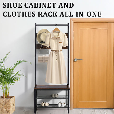 3 in 1 Industrial Coat Rack with Bench and Shoe Storage Shelf Entryway Organizer Freestanding 71 Inch AMMDR1836 - with | Sold by Uncle Wiener's Wholesale