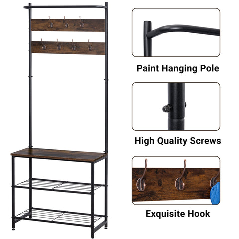 3 in 1 Industrial Coat Rack with Bench and Shoe Storage Shelf Entryway Organizer Freestanding 71 Inch AMMDR1836 - with | Sold by Uncle Wiener's Wholesale