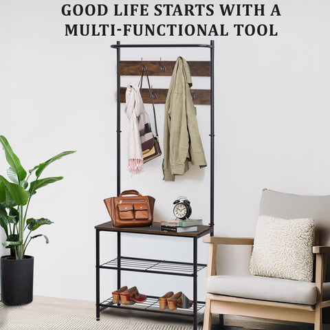 3 in 1 Industrial Coat Rack with Bench and Shoe Storage Shelf Entryway Organizer Freestanding 71 Inch AMMDR1836 - with | Sold by Uncle Wiener's Wholesale