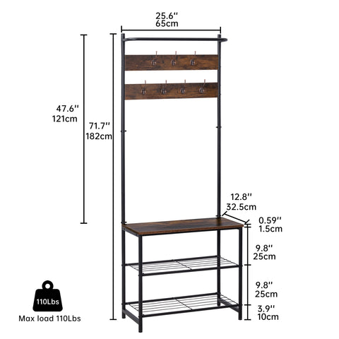 3 in 1 Industrial Coat Rack with Bench and Shoe Storage Shelf Entryway Organizer Freestanding 71 Inch AMMDR1836 - with | Sold by Uncle Wiener's Wholesale