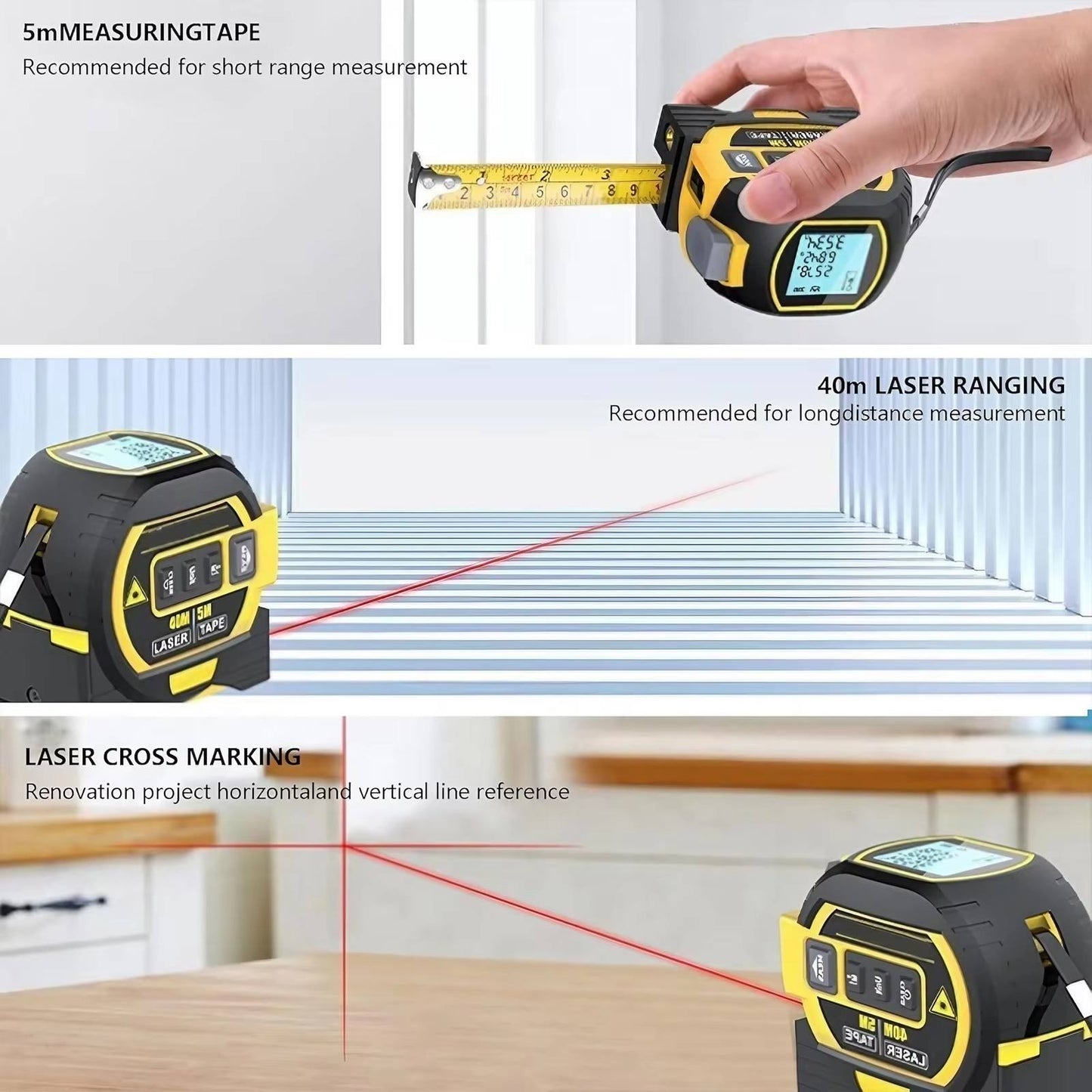 3 - in - 1 Laser Distance Meter 60 m Laser with 5 m Tape Measure 25 mm Wide 31LM605 - with | Sold by Uncle Wiener's Wholesale