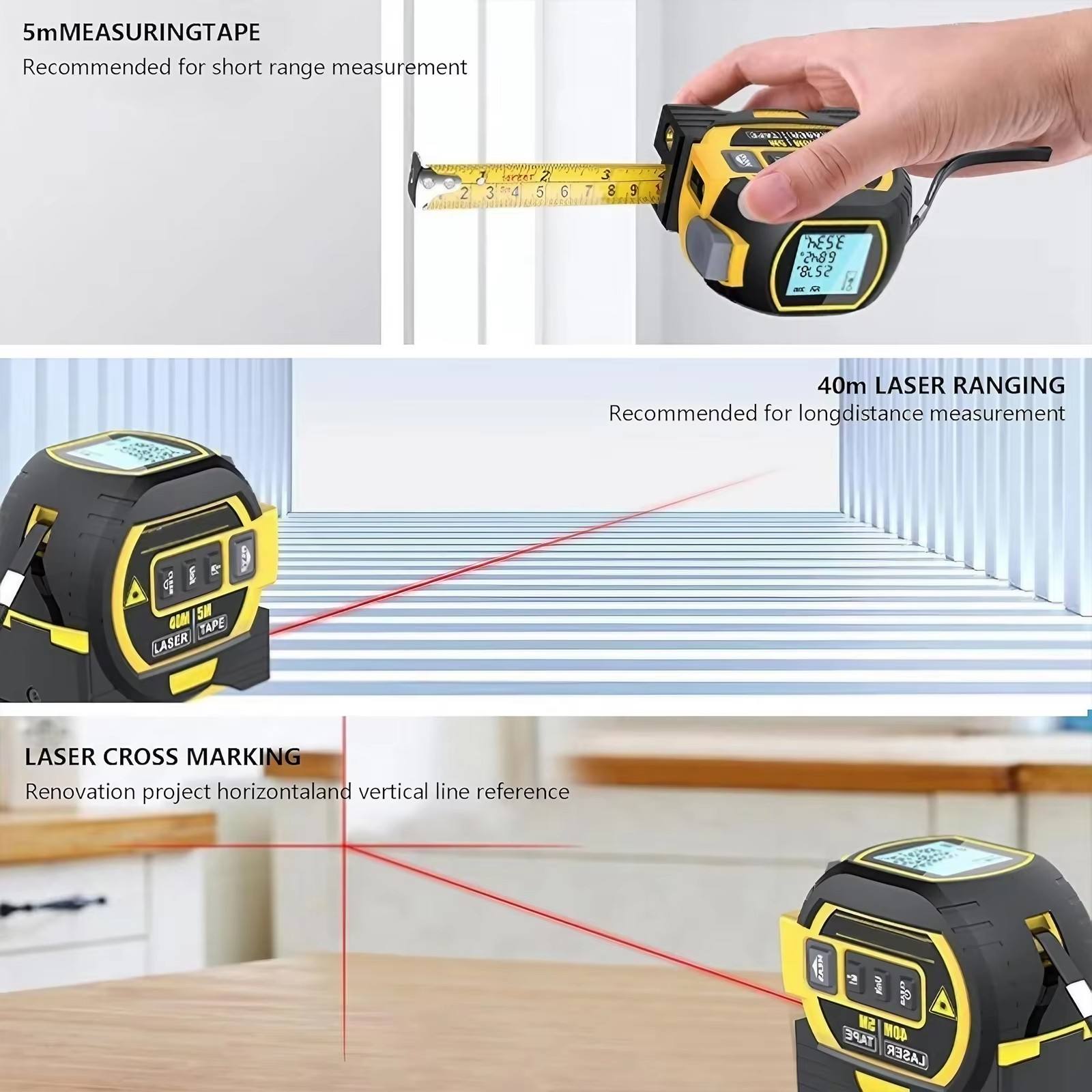 3 - in - 1 Laser Distance Meter 60 m Laser with 5 m Tape Measure 25 mm Wide 31LM605 - with | Sold by Uncle Wiener's Wholesale