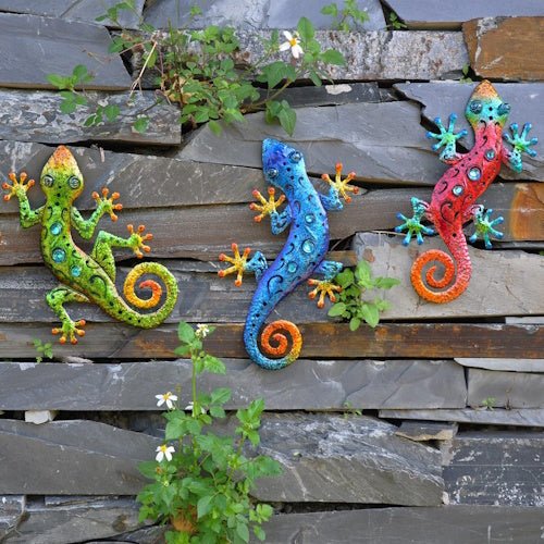 3-Pack Colourful Metal Gecko Lizard Wall Decor Set with UV Printing for Garden, Fence, Patio & Outdoor Decor ONWD1210 - with | Sold by Uncle Wiener's Wholesale
