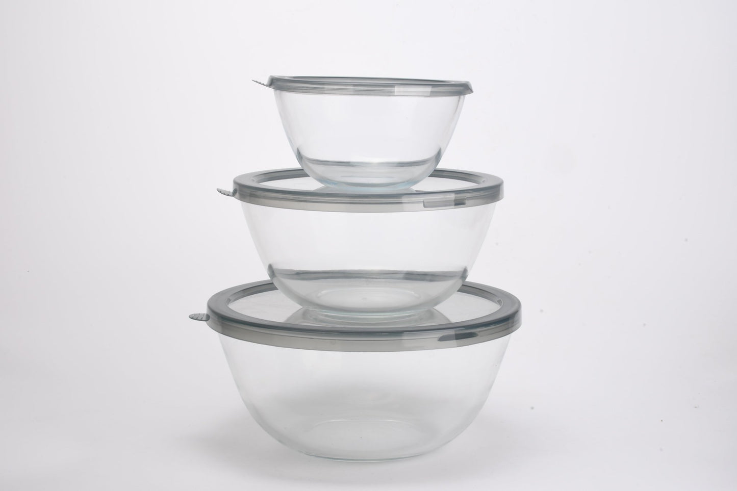 3 PCS Round Glass Bowl Set with Grey Lids 1050ml / 2650ml / 4300ml S680102 - with | Sold by Uncle Wiener's Wholesale