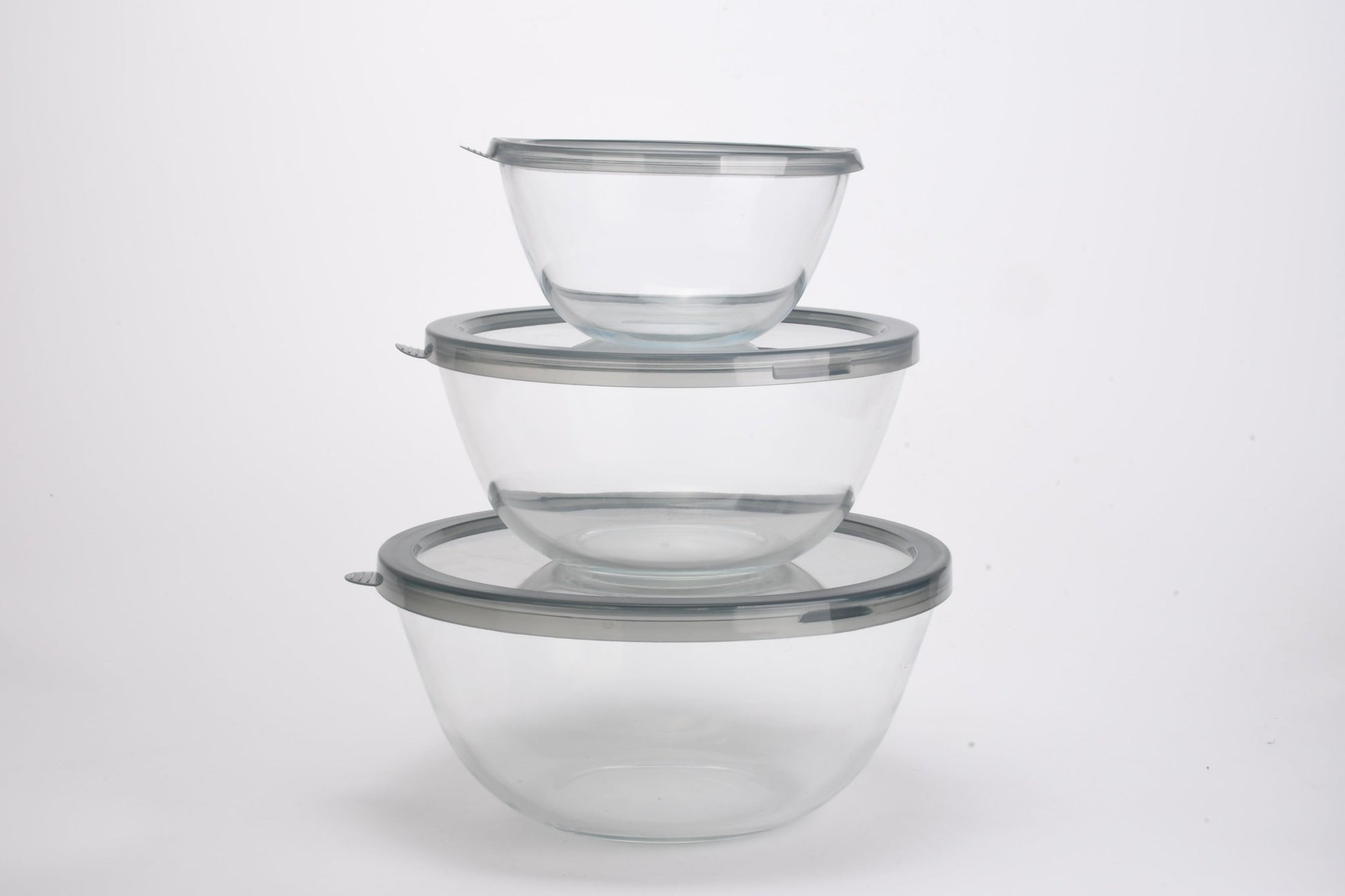 3 PCS Round Glass Bowl Set with Grey Lids 1050ml / 2650ml / 4300ml S680102 - with | Sold by Uncle Wiener's Wholesale