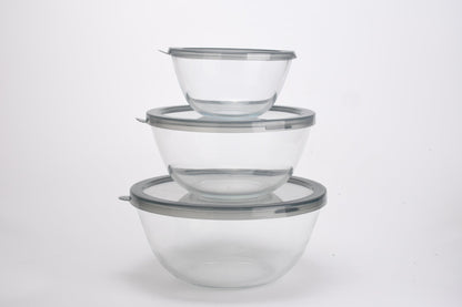3 PCS Round Glass Bowl Set with Grey Lids 1050ml / 2650ml / 4300ml S680102 - with | Sold by Uncle Wiener's Wholesale