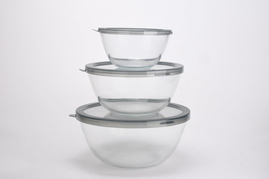 3 PCS Round Glass Bowl Set with Grey Lids 1050ml / 2650ml / 4300ml S680102 - with | Sold by Uncle Wiener's Wholesale