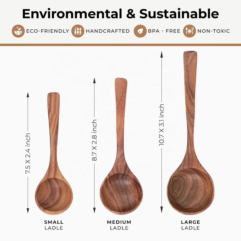 3 Piece Acacia Wood Soup Spoon Set 7" 11" Natural Kitchen Utensils SSK3P - with | Sold by Uncle Wiener's Wholesale