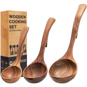3 Piece Acacia Wood Soup Spoon Set 7" 11" Natural Kitchen Utensils SSK3P