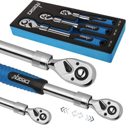 3-Piece Extendable 72-Tooth Ratchet Wrench Set 1/4", 3/8" &amp; 1/2" Drive with Storage Tray ER072 - with | Sold by Uncle Wiener's Wholesale