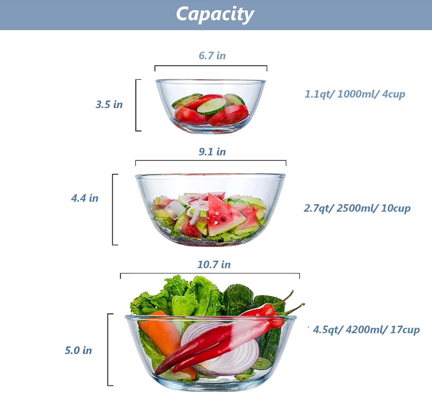 3 - Piece Glass Mixing Bowl Set with Lids Nesting Salad Prep Baking Bowls 4.5QT 2.7QT 1.1QT S1342 - with | Sold by Uncle Wiener's Wholesale