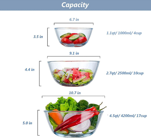 3 - Piece Glass Mixing Bowl Set with Lids Nesting Salad Prep Baking Bowls 4.5QT 2.7QT 1.1QT S1342 - with | Sold by Uncle Wiener's Wholesale