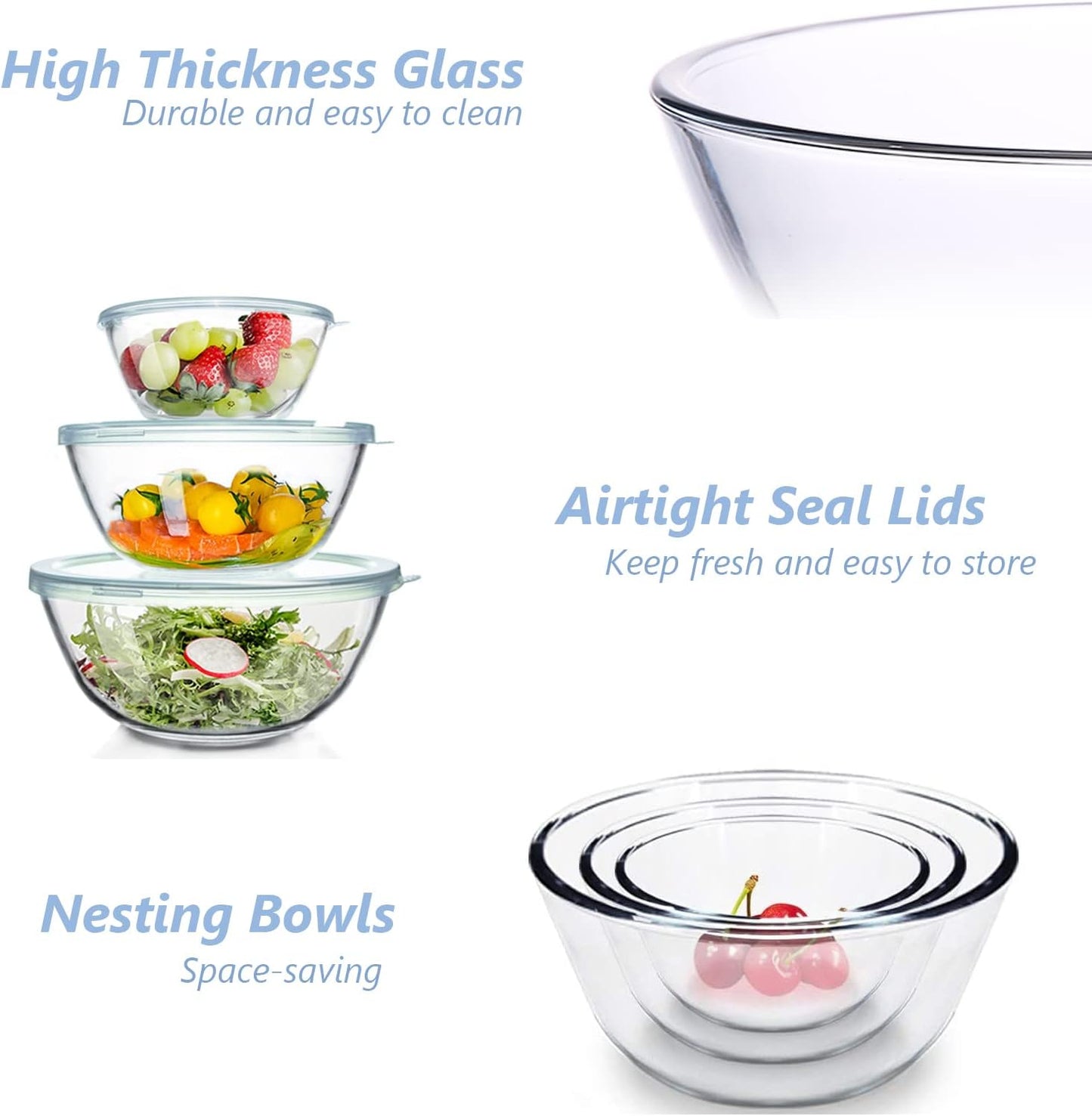 3 - Piece Glass Mixing Bowl Set with Lids Nesting Salad Prep Baking Bowls 4.5QT 2.7QT 1.1QT S1342 - with | Sold by Uncle Wiener's Wholesale