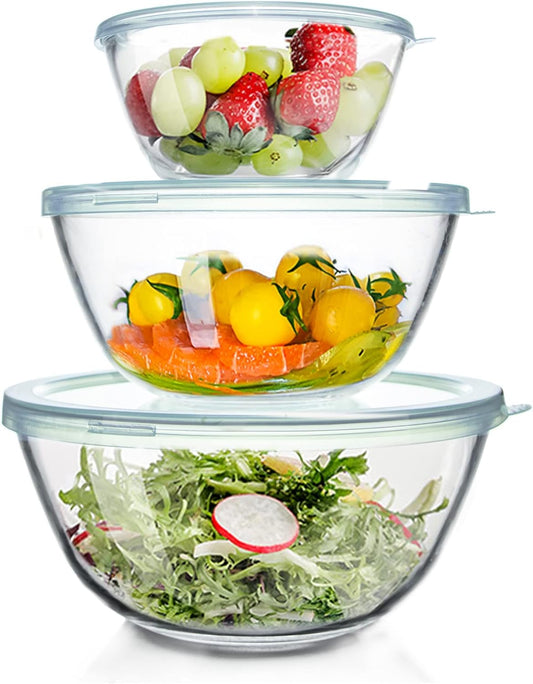 3 - Piece Glass Mixing Bowl Set with Lids Nesting Salad Prep Baking Bowls 4.5QT 2.7QT 1.1QT S1342 - with | Sold by Uncle Wiener's Wholesale